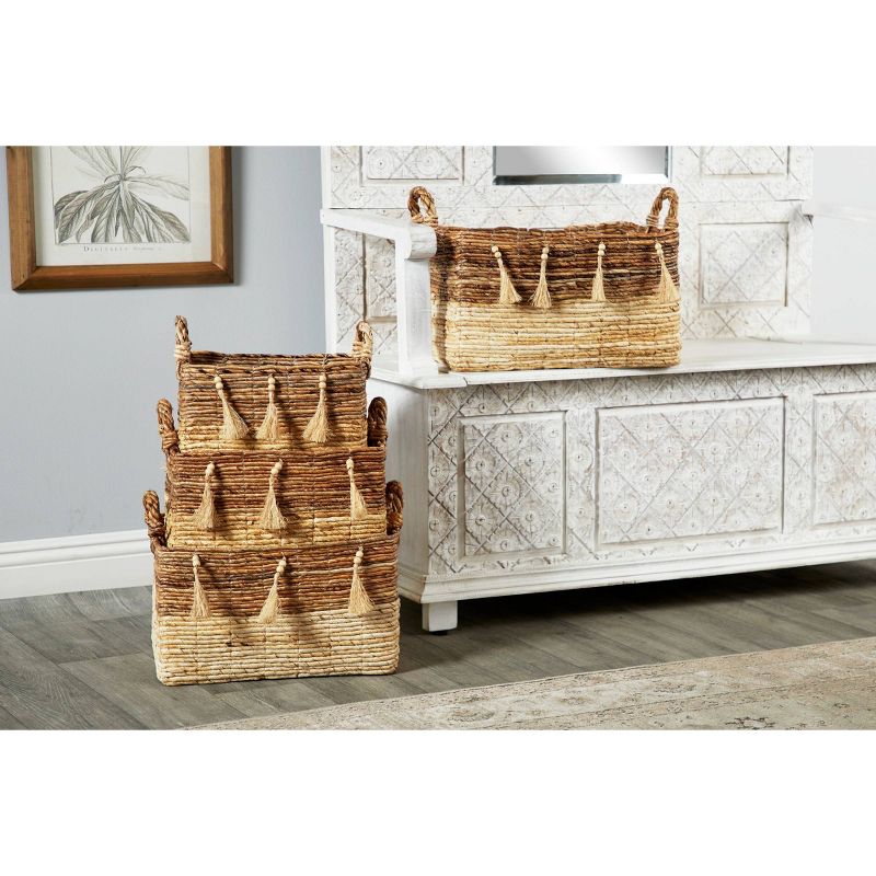4pk Large Rectangle Banana Leaf  Baskets with Wood Beads & Tassels Brown & Beige