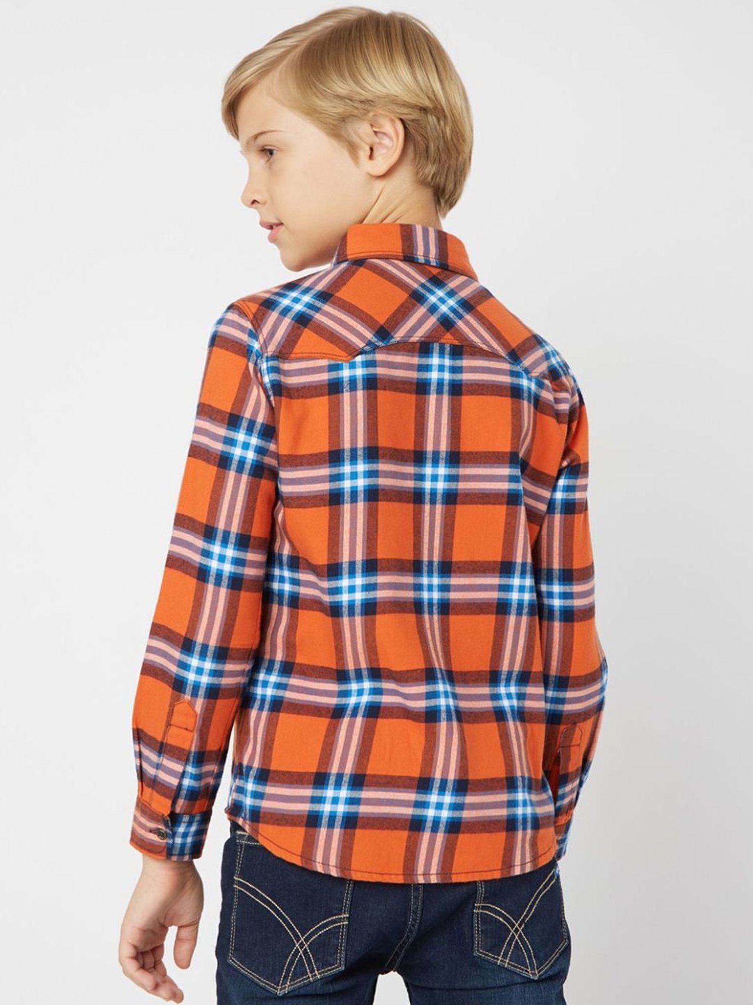 GAS Kids Orange & Blue Cotton Chequered Full Sleeves Shirt