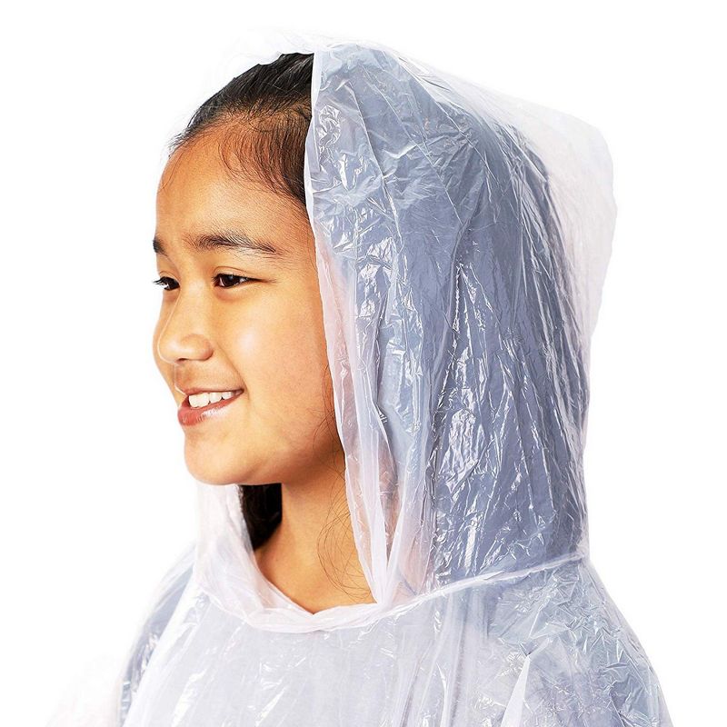 Juvale 4 Pack Kids Disposable Rain Ponchos with Ball, Child Emergency Waterproof Raincoat with Hood for Boys and Girls, White