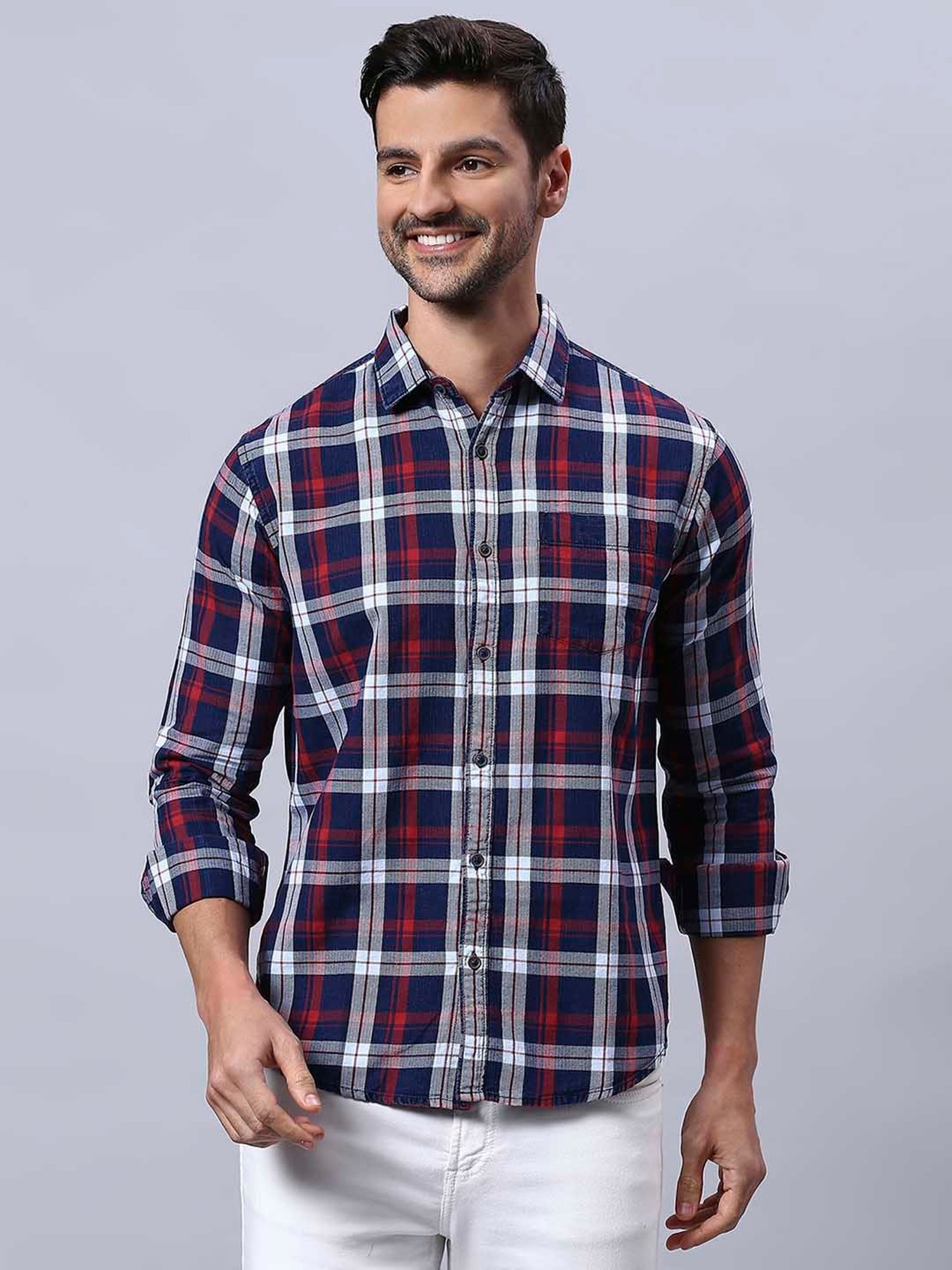 HJ HASASI Blue Slim Fit Check Cotton Shirt