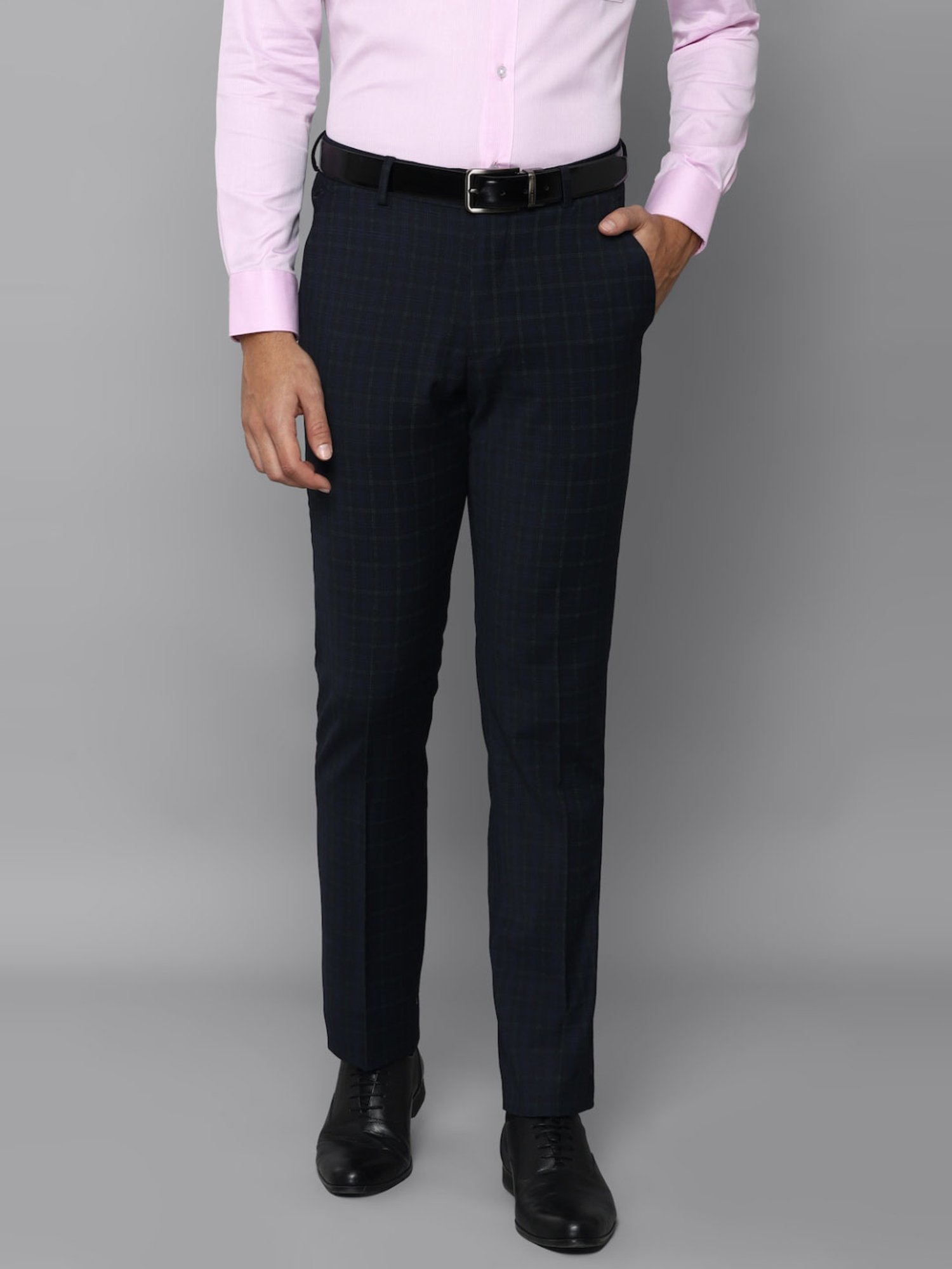 Louis Philippe Navy Slim Fit Checks Trousers