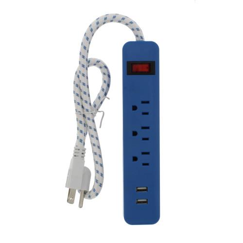 Bright-Way Grounded Power Strip - 3 Outlet, 2 USB - Blue