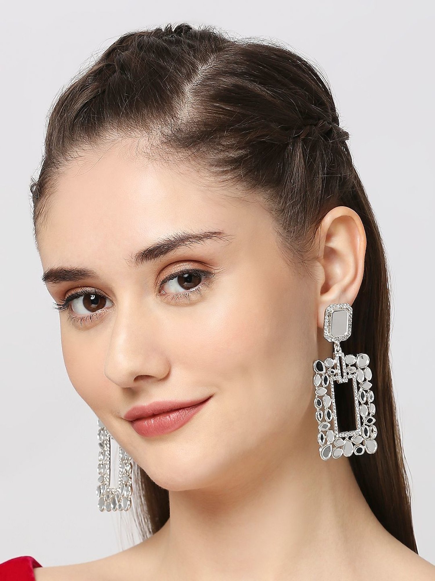 OOMPH Golden & Silver-Tone Kundan Rectangle Shape Ethnic Large Dangler Earrings for Women - Set of 2