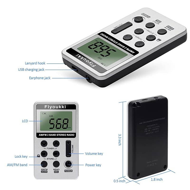 Pocket Small Radio by  Personal Mini AM FM Portable Digital Tuning Transistor Radios with Best Reception Earphones Lanyard and Rechargeable Battery for Walking Jogging Exercising Silver
