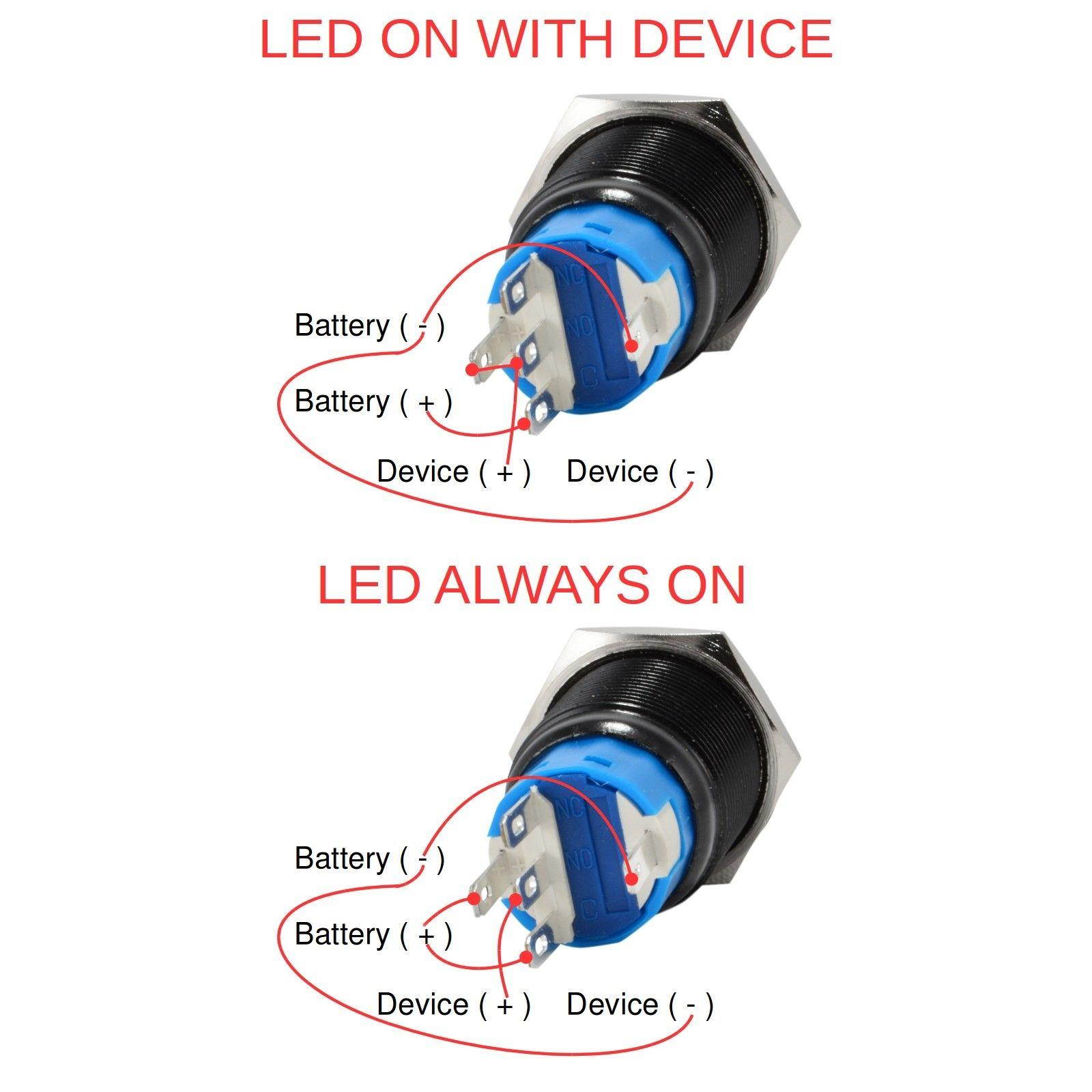 19mm 12V Latching Push Button Power Switch Black Metal Blue LED Waterproof