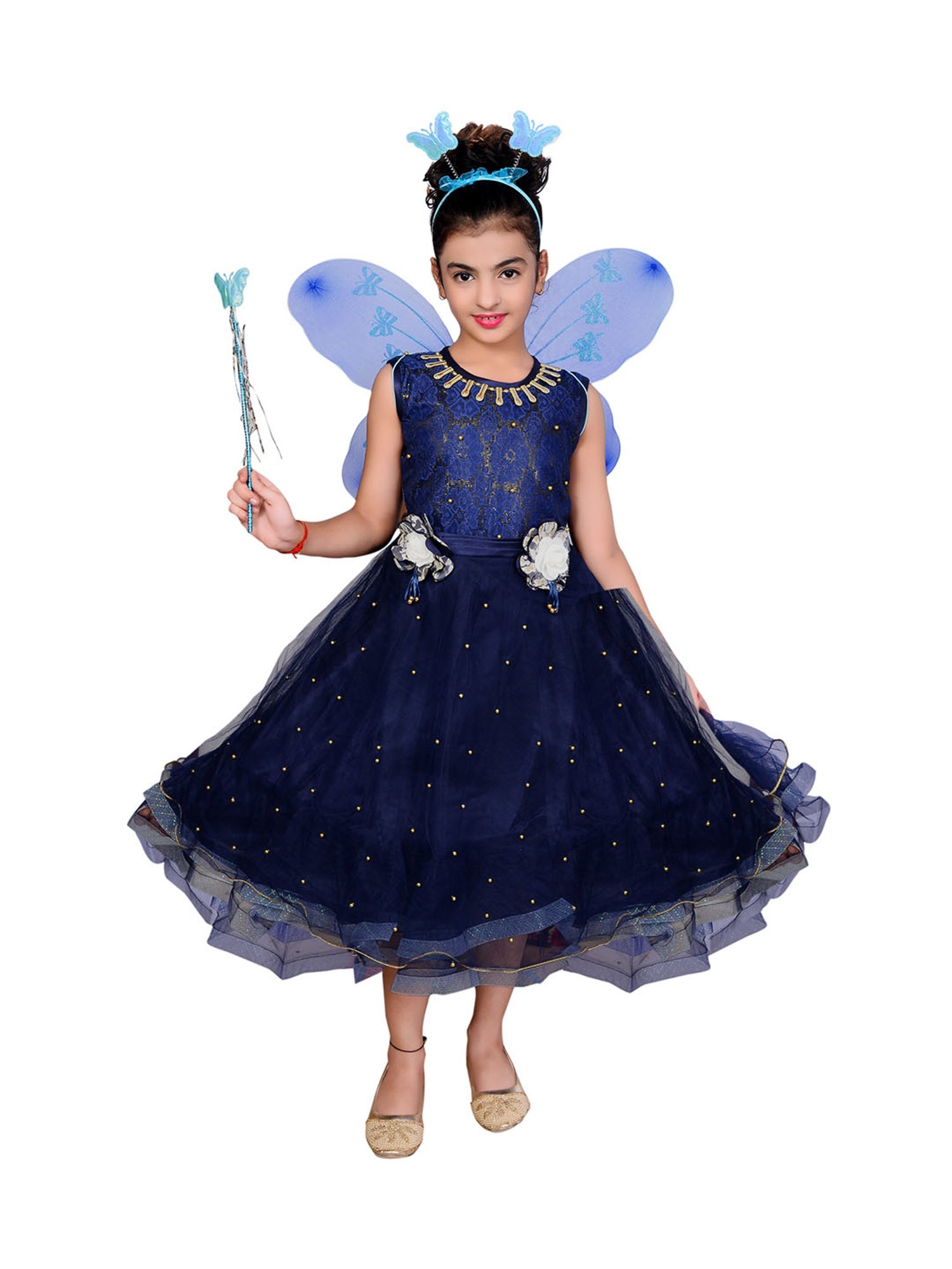 Ahhaaaa Kids Navy Embellished Dress, Wings, Hair Band with Fairy Stick