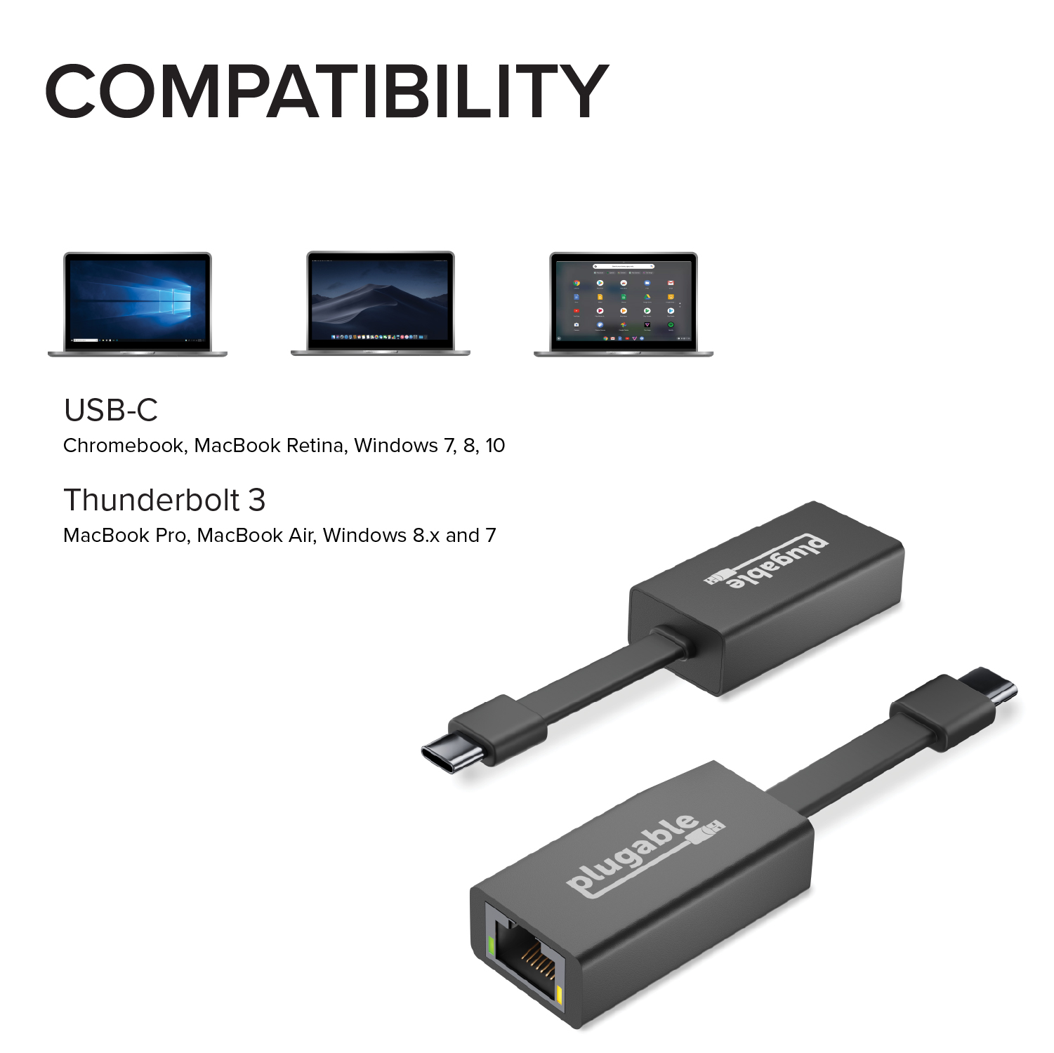 Plugable USB C to Ethernet Adapter, Fast and Reliable Gigabit Speed, Thunderbolt 3 to Ethernet Adapter Compatible with MacBook Pro, Windows, macOS, and ChromeOS