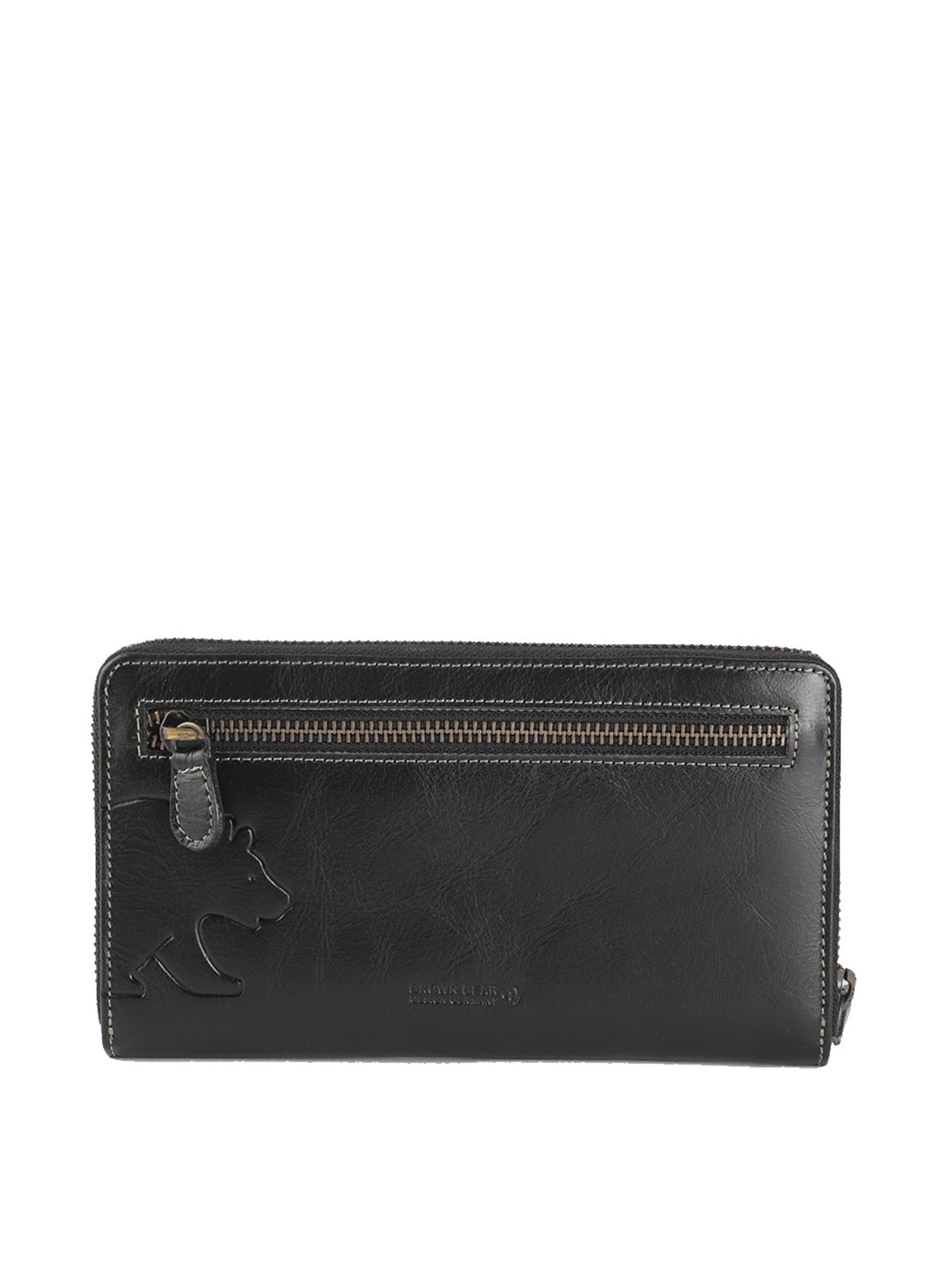 Brown Bear Black Casual Leather Rfid Zip Around Wallet for Women