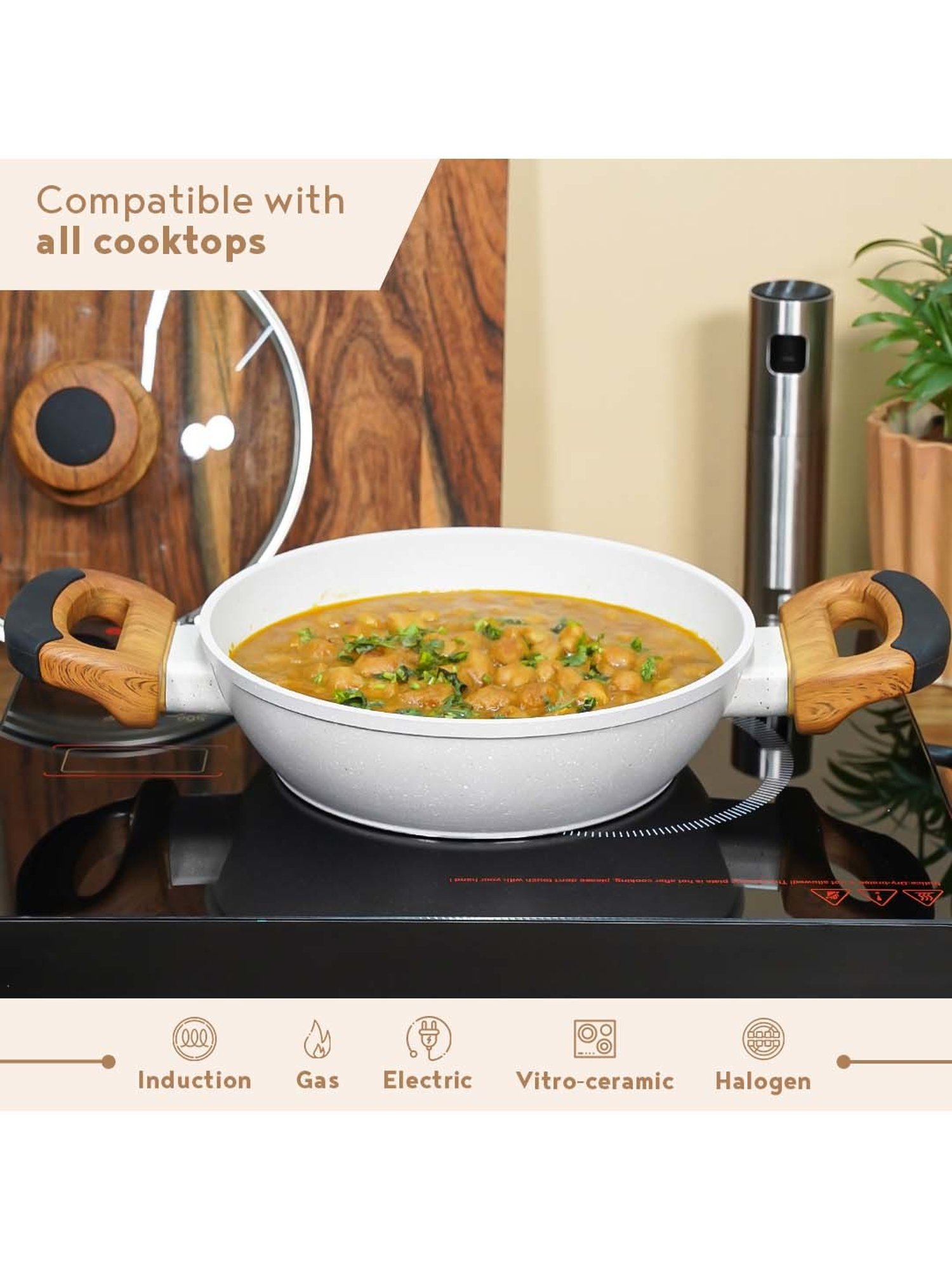 Bergner Naturally Forged White Aluminium Non Stick 24 cm Kadai With Glass Lid (2 L)