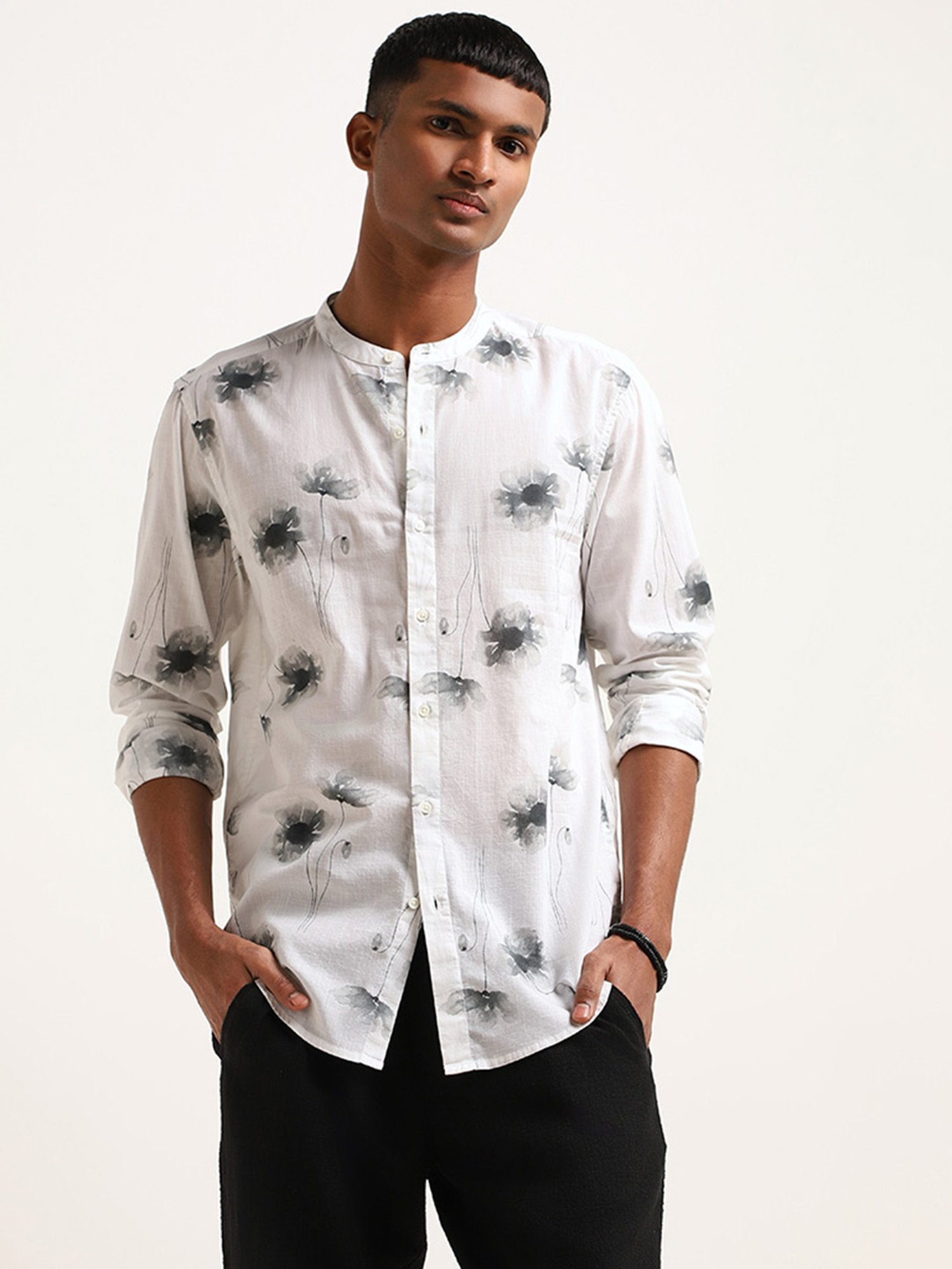 ETA by Westside Grey Floral Printed Resort Fit Grandad Shirt