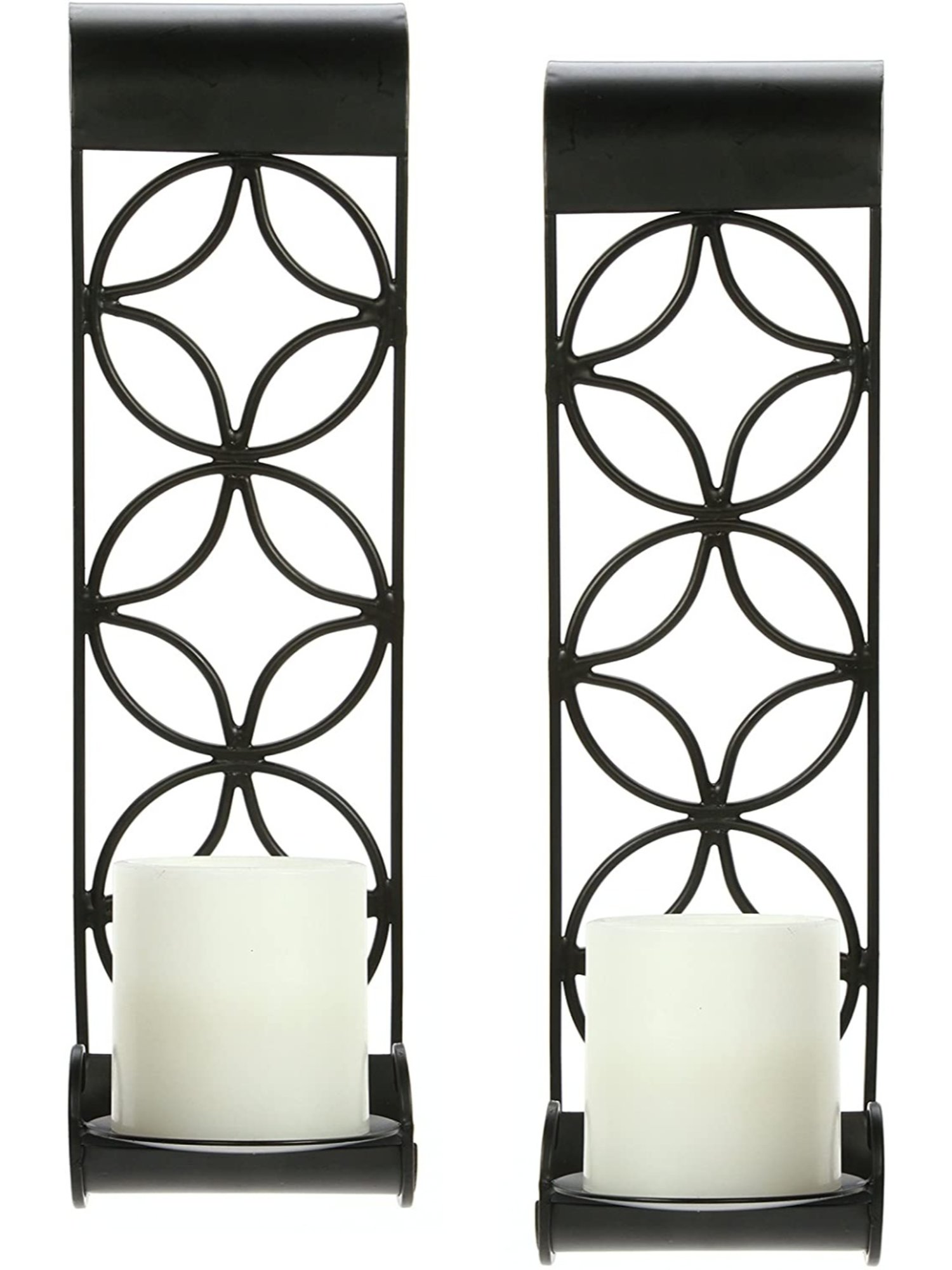 HOSLEY Black Iron Wall Hanging Tealight Candle Holder with Pillar Candles - Set of 2