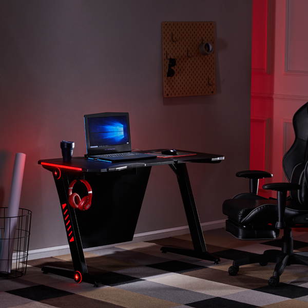 Gaming Desk Plus Home Office PC Computer Gamer Desks with RGB LED Lights Headphone Hook Black