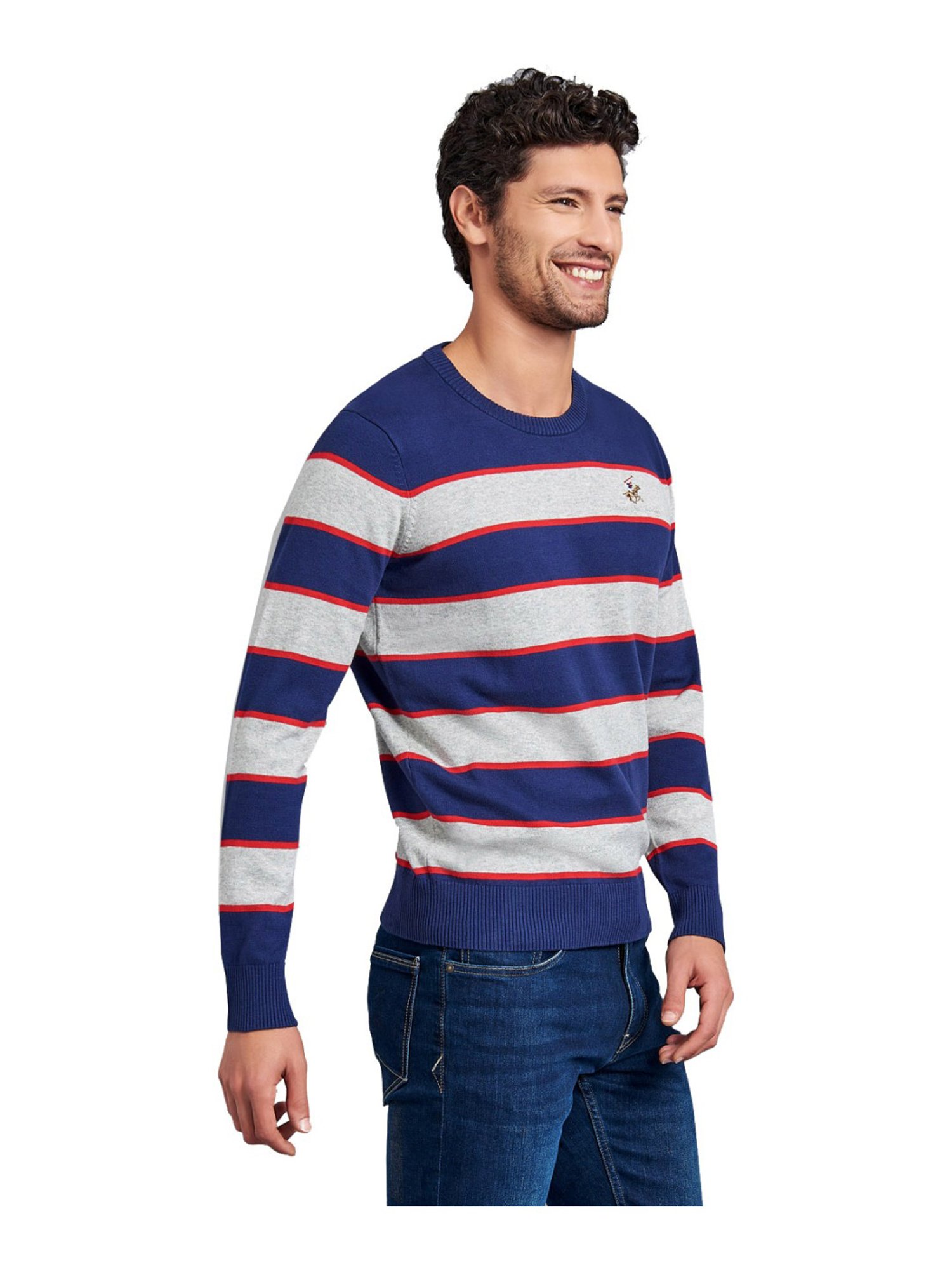 Beverly Hills Polo Club Navy & Grey Cotton Regular Fit Striped Sweater