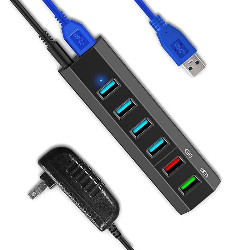 USB Hub,  6 Ports Super High Speed USB 3.0 Hub Splitter + 24W Power Adapter + USB 3.0 Cable, Black Smart Fast Charger Powered USB Hub for Laptop, Mac, PC, Mobile HDD, Mulitple Devices