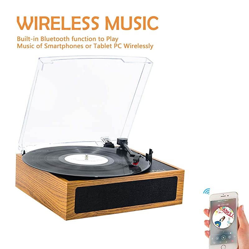 3 Speed BeltDrive Bluetooth Turntable with Stereo Speakers Vintage Vinyl Record PlayerYellow Brown