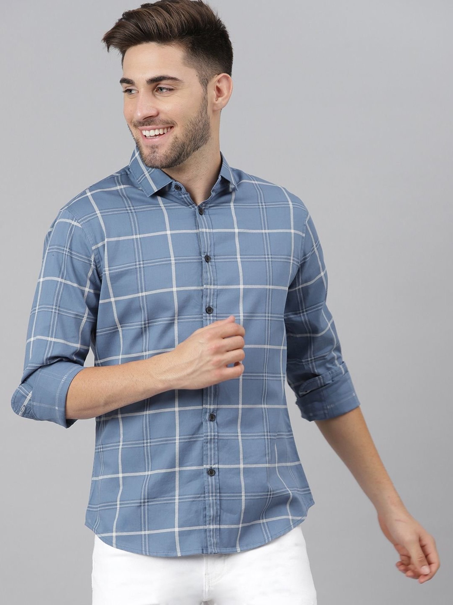 Dennis Lingo D-Blue Cotton Slim Fit Checks Shirt