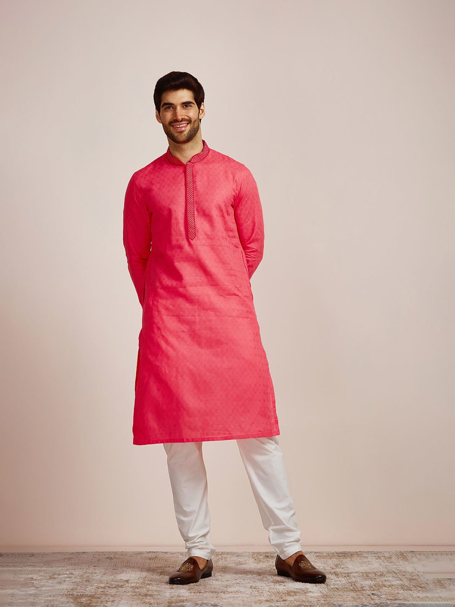Manyavar Pink Regular Fit Self Design Kurta & Pyjama Set