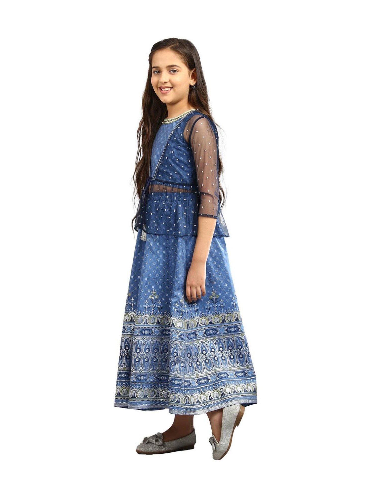 Aurelia Kids Blue Embellished Top, Skirt with Shrug
