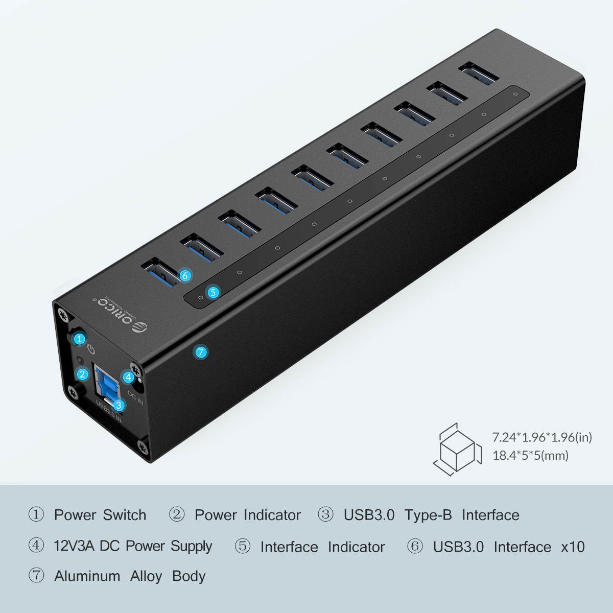 ORICO Aluminum 10Ports USB 3.0 HUB with 3.3Ft. USB 3.0 Data Cable and 12V/3A Power Supply for Macbook,PC,Laptops (HUB is not a Charger,Data transfer Only)- Silver (A3H10-V1-US)