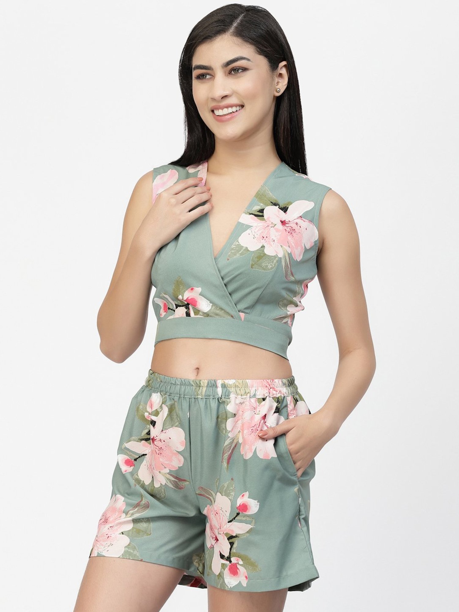 Erotissch Green Floral Print Beachwear Co-Ord Set