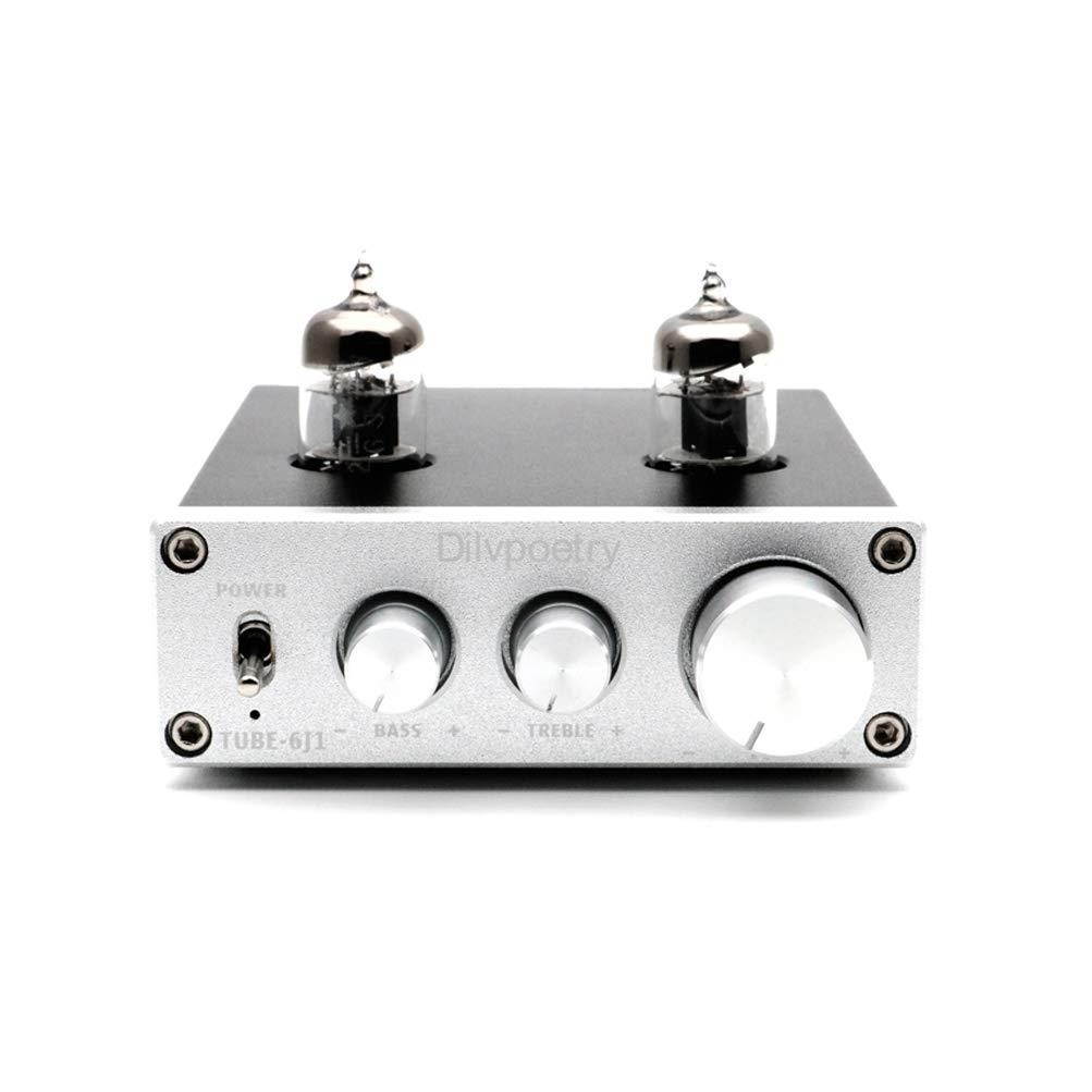 Dilvpoetry TUBE-6J1 Mini Vacuum Tube Amplifier HiFi Audio Tube Preamplifier Preamp NE5532P Chips Desktop Amp(Silver)
