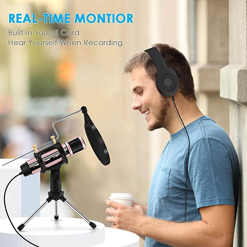 Studio Microphone  Condenser Recording Broadcasting Microphone With Stand Builtin Sound Card Echo Recording Karaoke Singing for Phone PC Garageband Smule Live Stream YouTube Rose Gold