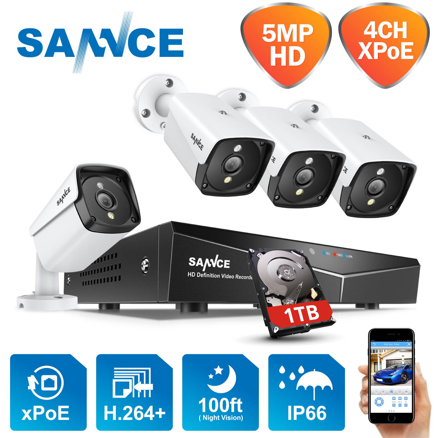 SANNCE 4-Channel 5MP XPoE Network Video Security System with 1TB