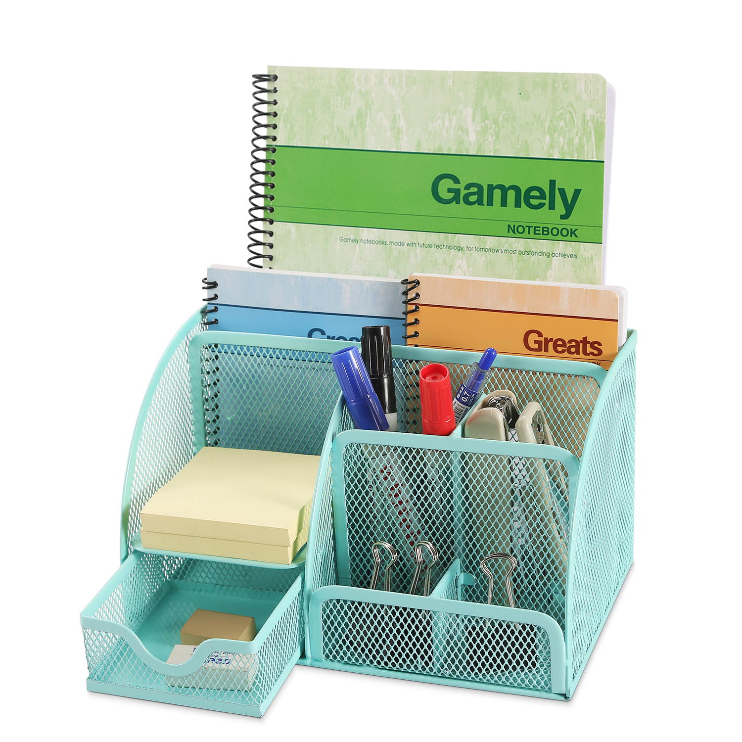 Desk Organizer Office Supplies Accessories Desktop Tabletop Sorter Shelf Pencil Holder Caddy Set - Metal Mesh with Drawer and 6 Compartments (Turquoise/Aqua)