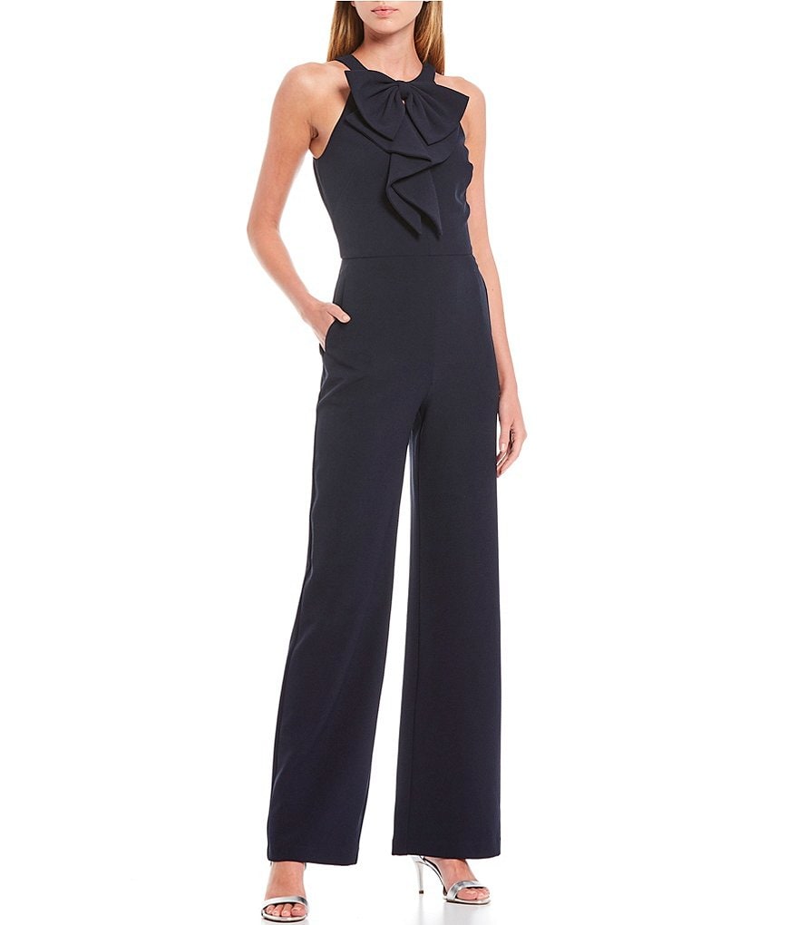 Eliza J Sleeveless Bow Neck Ruffle Crepe Jumpsuit