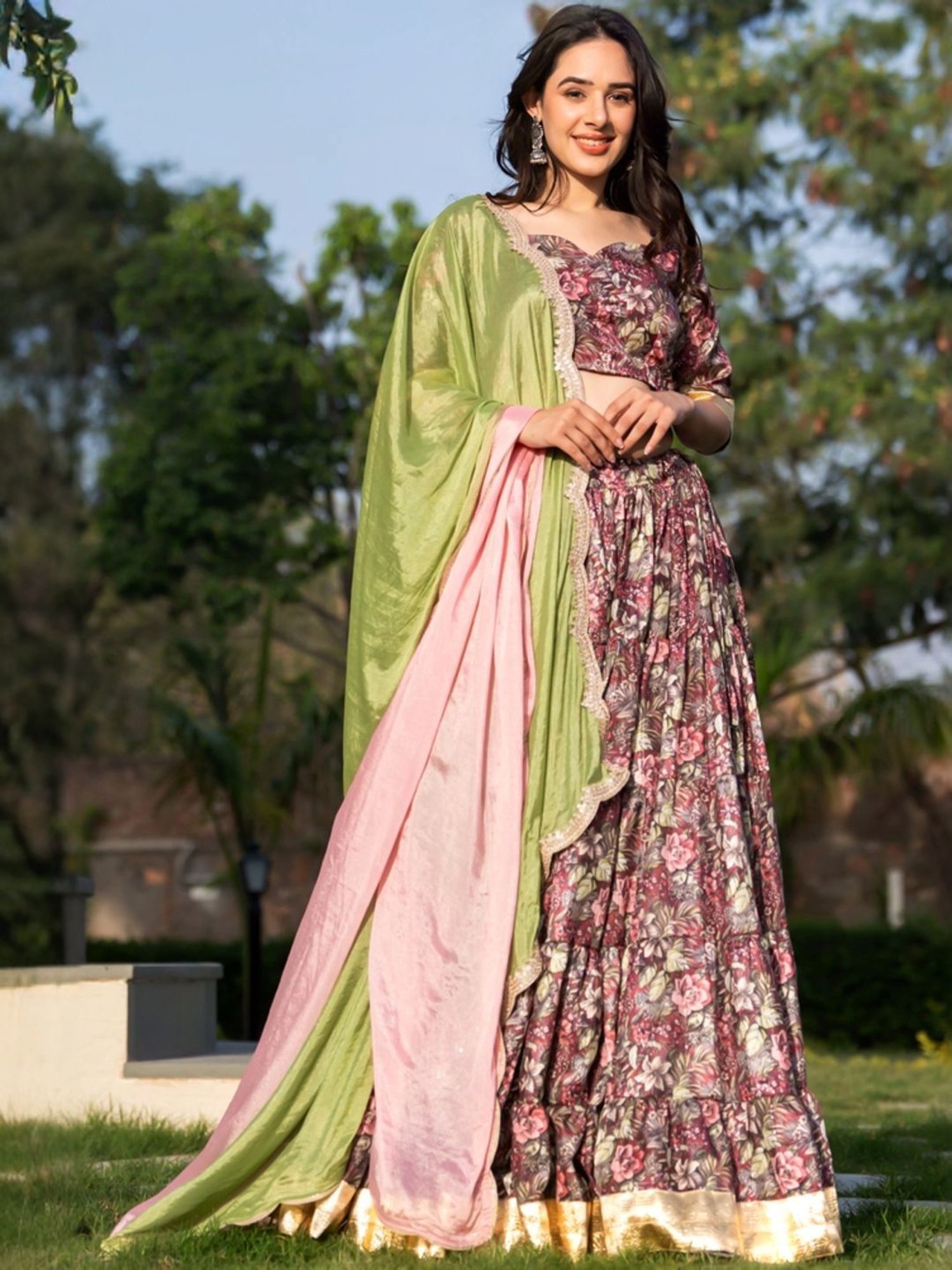 HOUSE OF JAMOTI Maroon Embellished Lehenga Choli Set With Dupatta