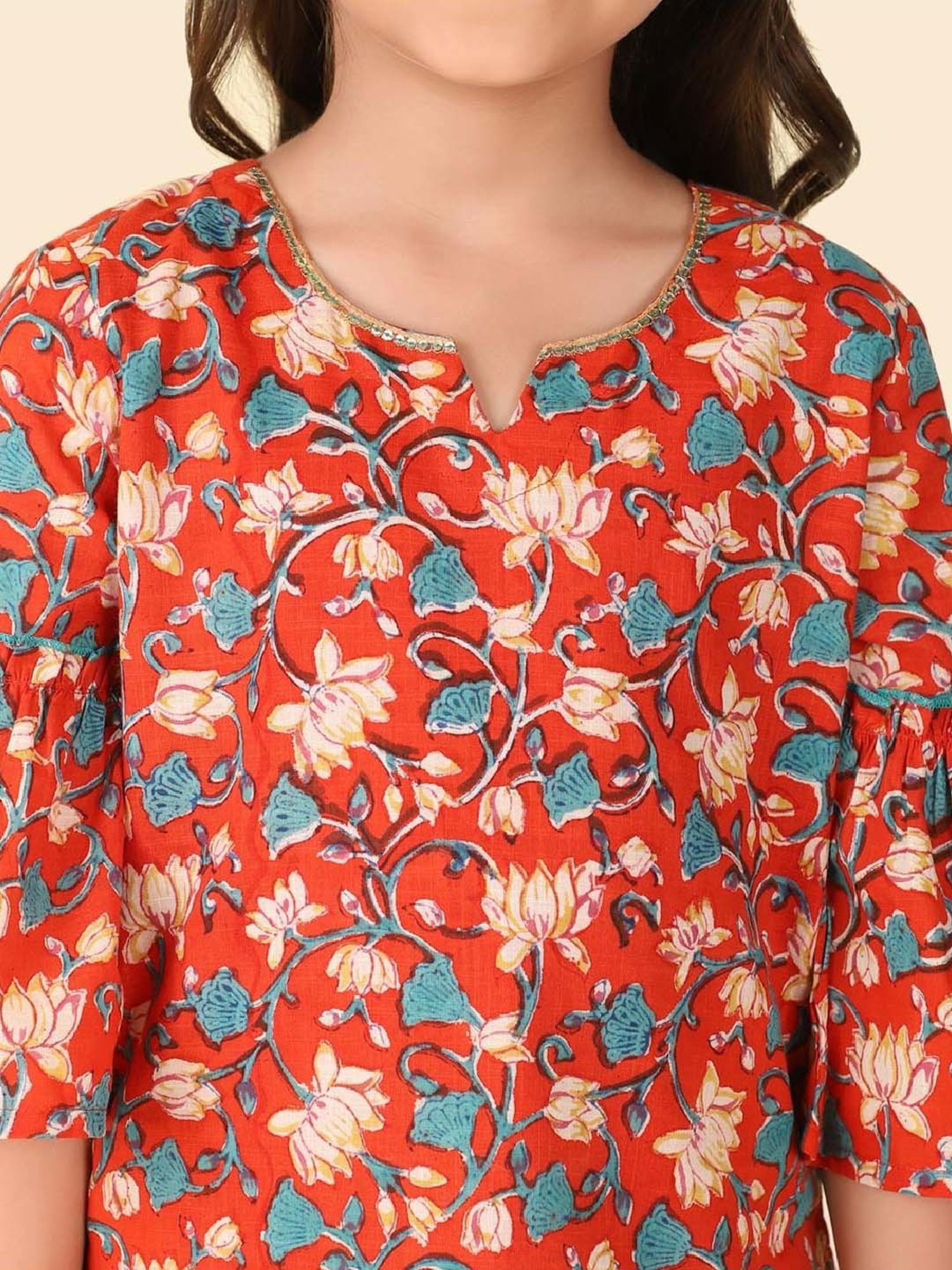 Fabindia Girls Rust & Blue Cotton Printed Salwar Set