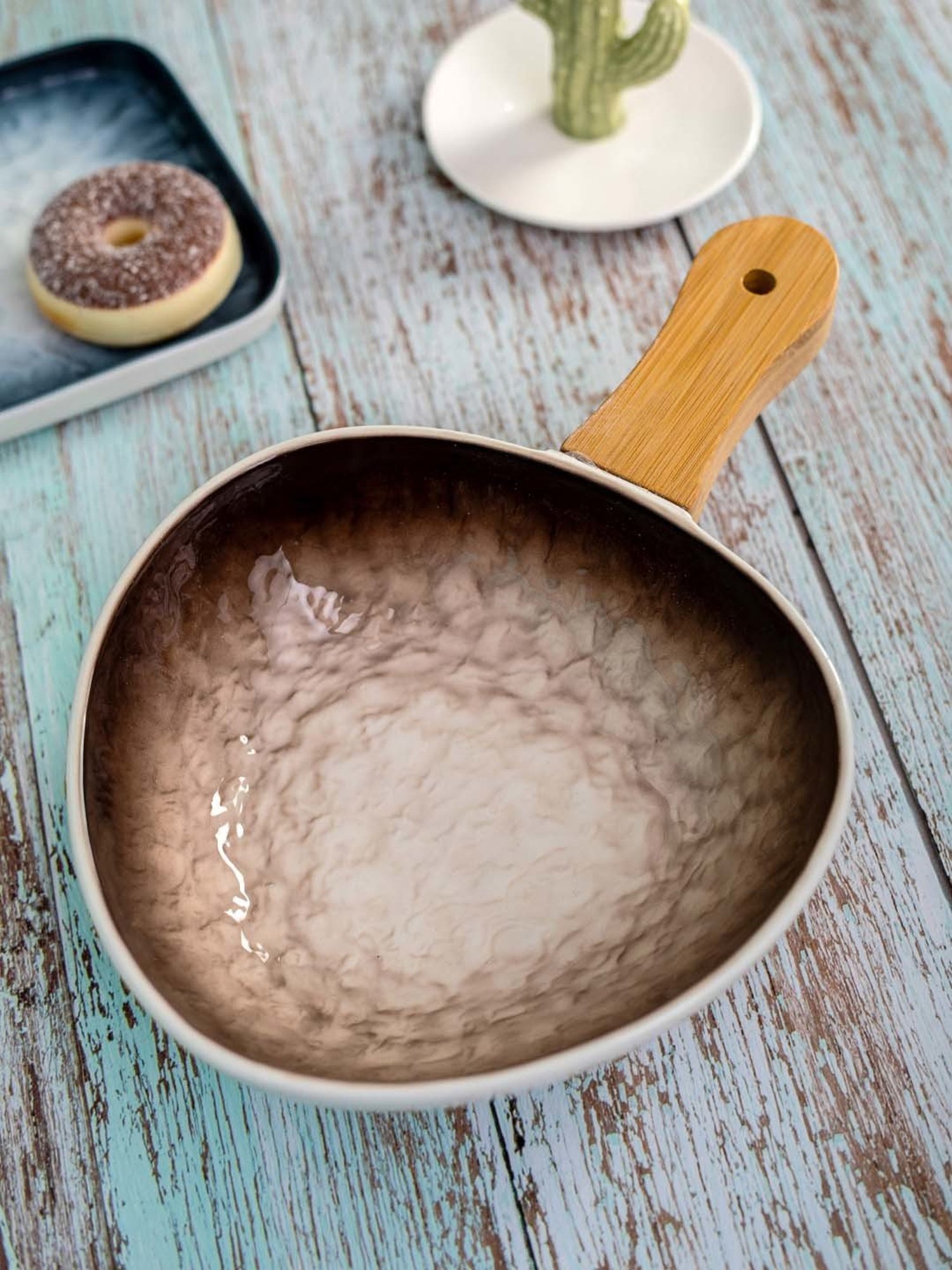 White Gold White & Brown Porcelain Serving Bowl With Wooden Handle