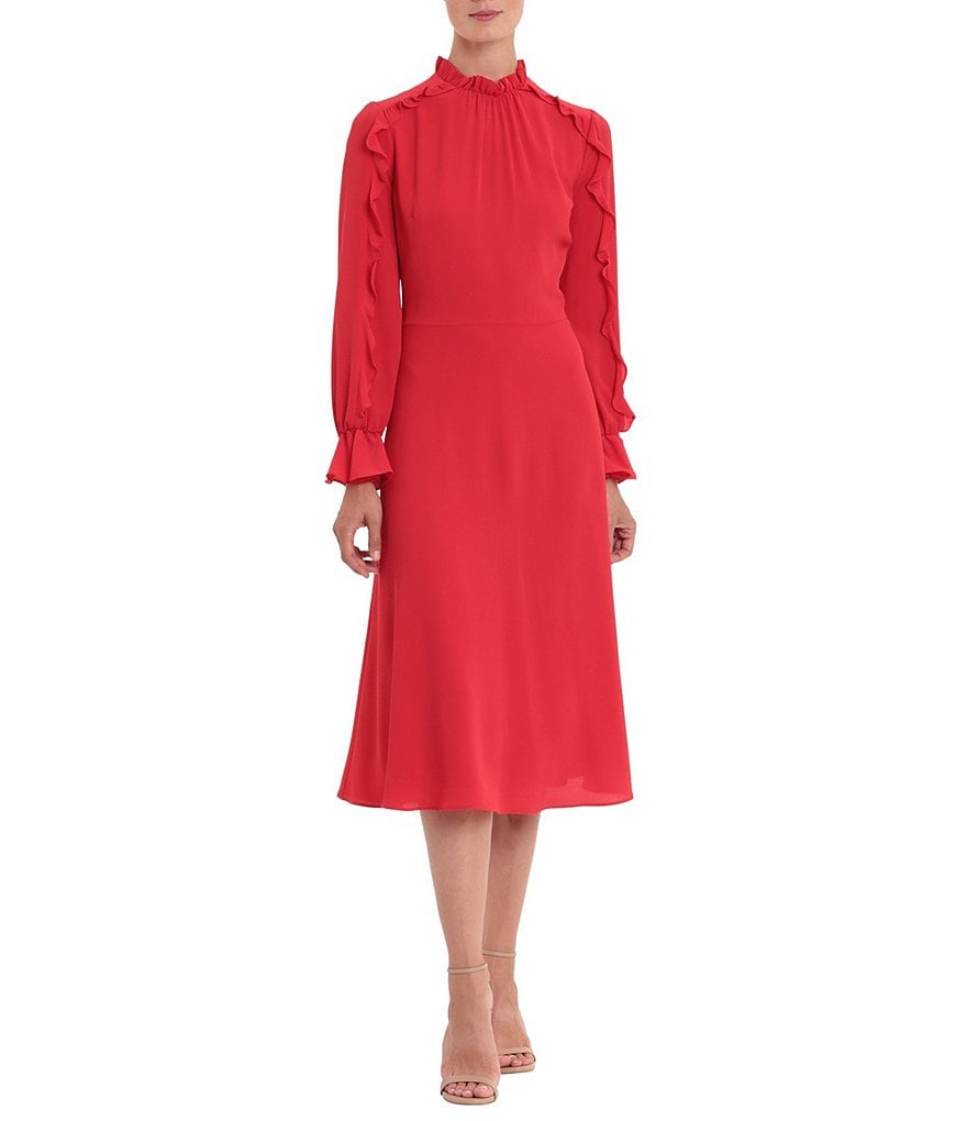 Donna Morgan Mock Neck Ruffle Long Sleeve Catalina Crepe Midi Dress
