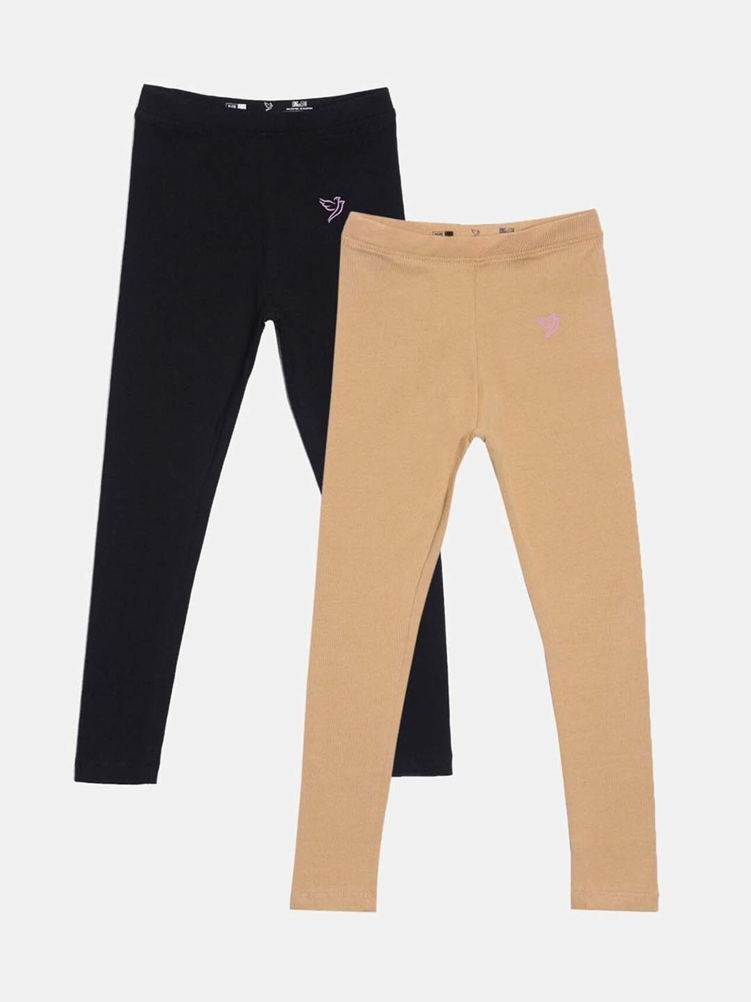 TWIN BIRDS Kids Black & Beige Cotton Regular Fit Leggings (Pack of 2)