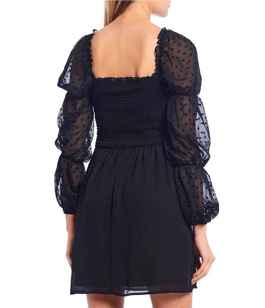 Allison & Kelly Balloon-Sleeve Flocked Dot Smocked Bodice Dress