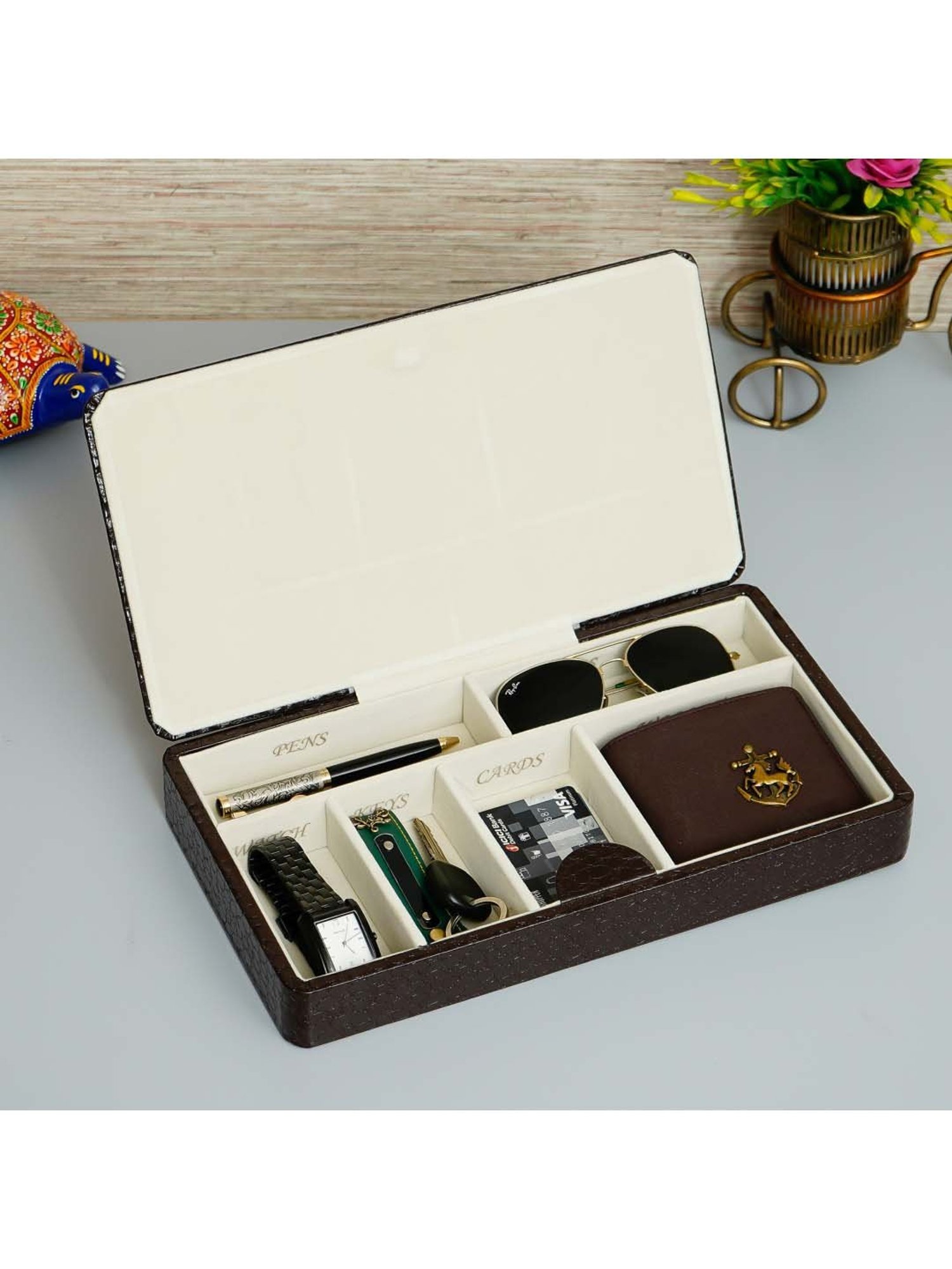 eCraftIndia Black Leather Rexine Multipurpose Organizer Box - Set of 1