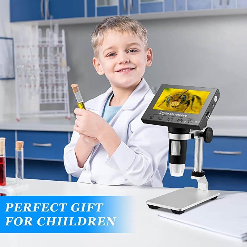 LCD Digital USB Microscope 4.3 Inch 10X-1000X Magnification Zoom, 8 LED Adjustable Light, Rechargeable Lithium Battery Camera Video Recorder for Phone Repair Soldering Tool Children Lab Edu