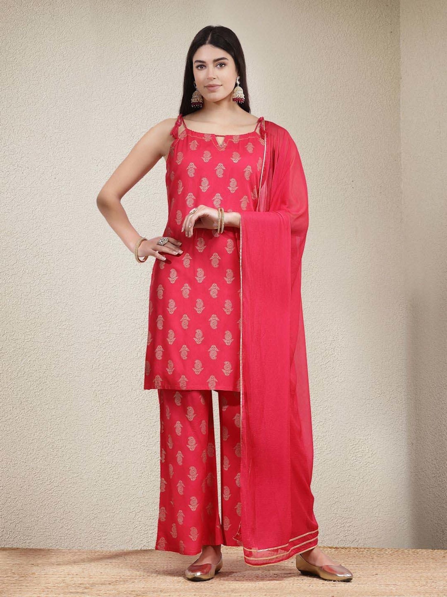 Stylum Pink Printed Kurti Palazzo Set With Dupatta
