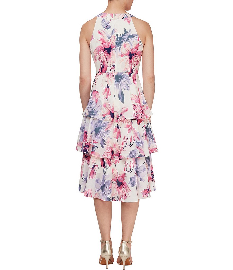 Ignite Evenings Floral Halter Neck Sleeveless Hi-Low Tiered Dress