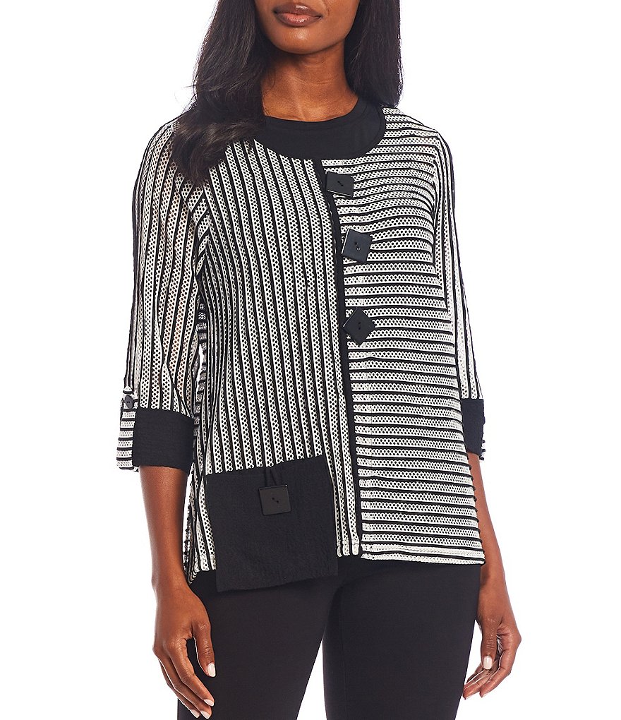 Ali Miles Petite Size Open Mesh Two Button Front 3/4 Sleeve Jacket