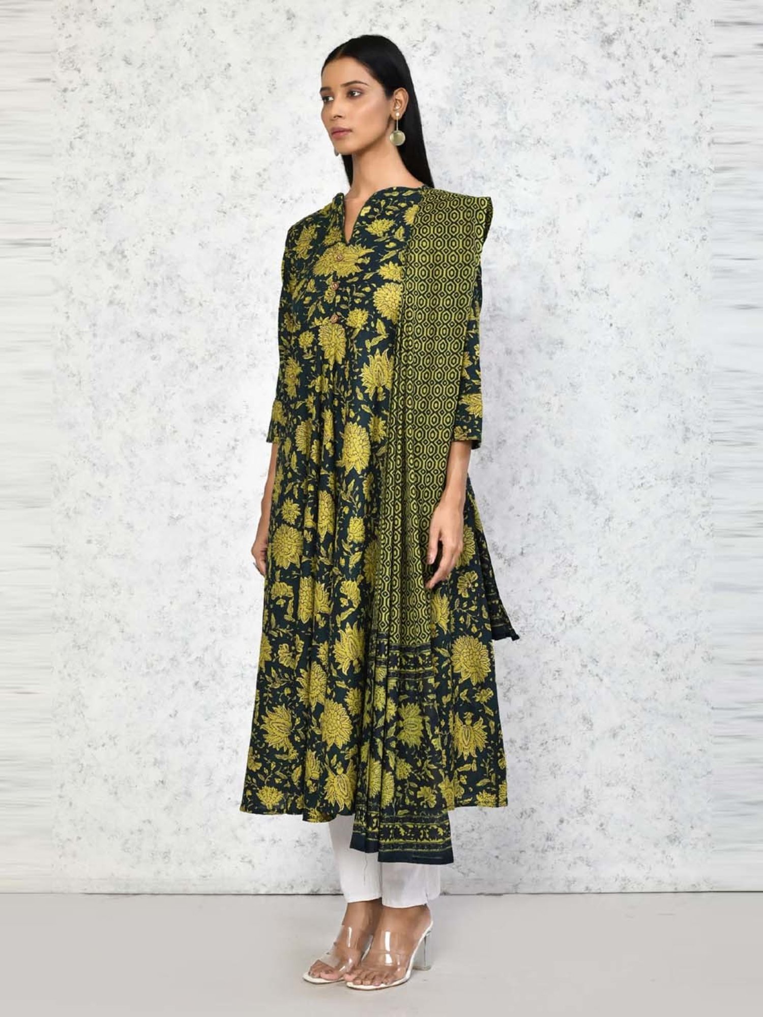 Miravan Green Cotton Printed Anarkali Kurta With Dupatta