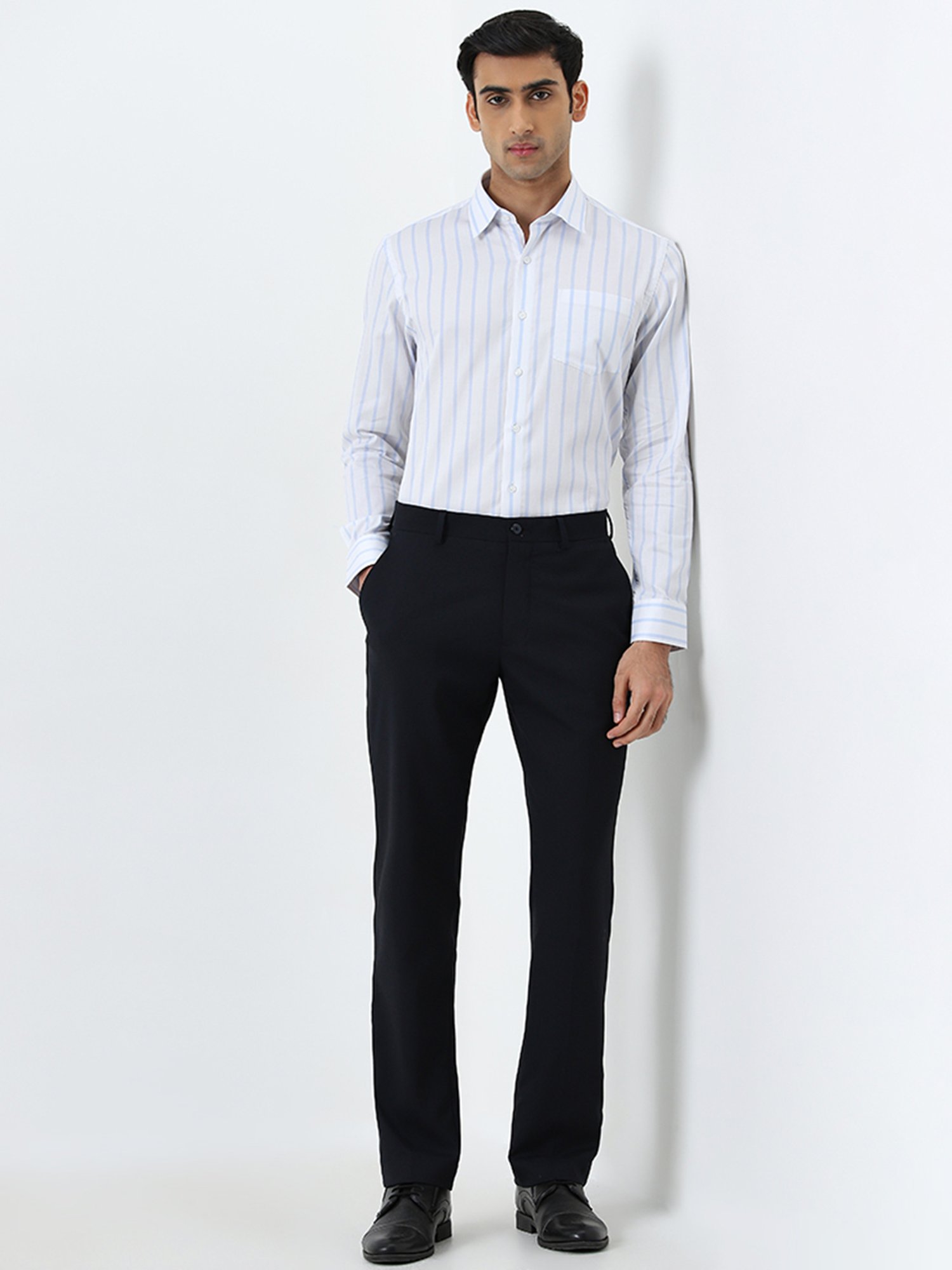 WES Formals by Westside Light Blue Striped Slim-Fit Cotton Shirt