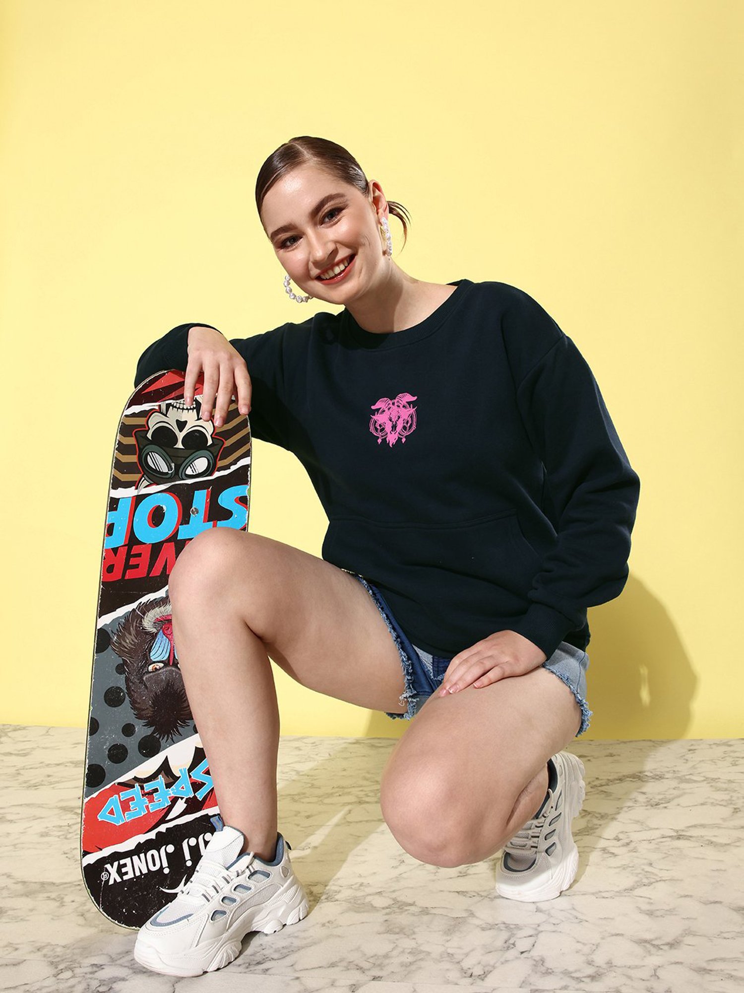 Difference of Opinion Navy Fleece Printed Oversized Sweatshirt