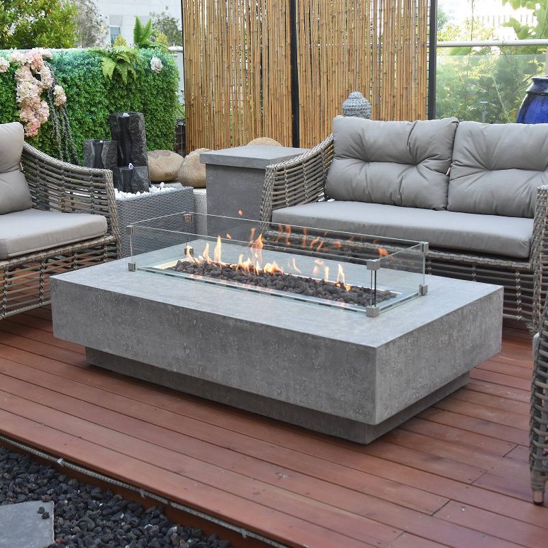 Hampton Rectangular Glass Concrete Natural Gas Fire Table - Silver - Elementi
