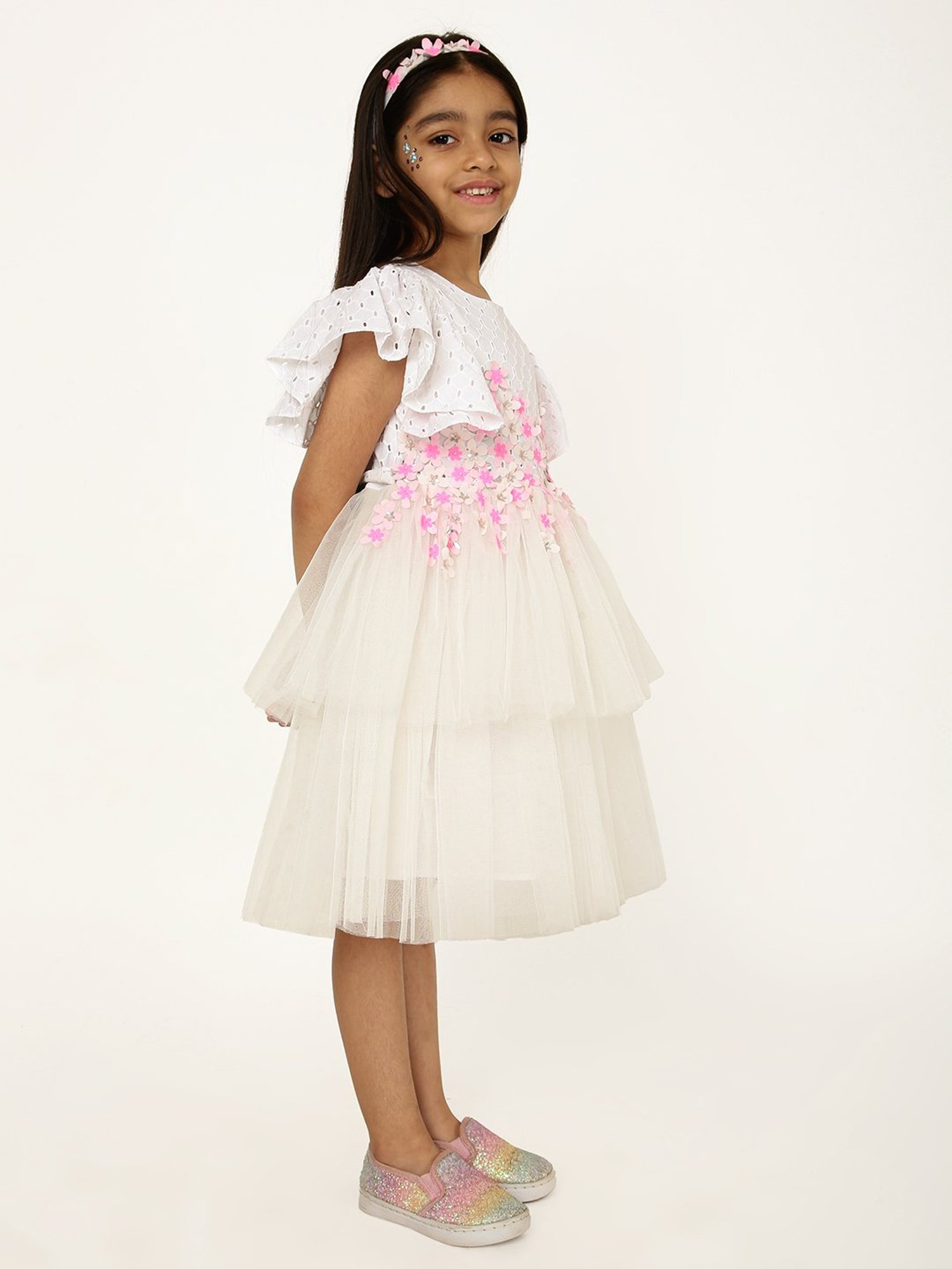 A Little Fable Girls White Applique Dress