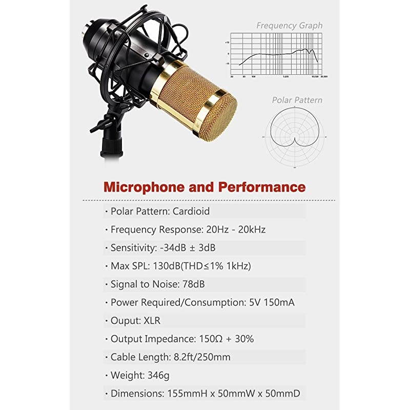 Desktop Microphone Set ZY-801+ Condenser Microphone Professional Studio Cardioid PC Mic Bundle for Studio Recording and Broadcasting (Sunrise Gold)