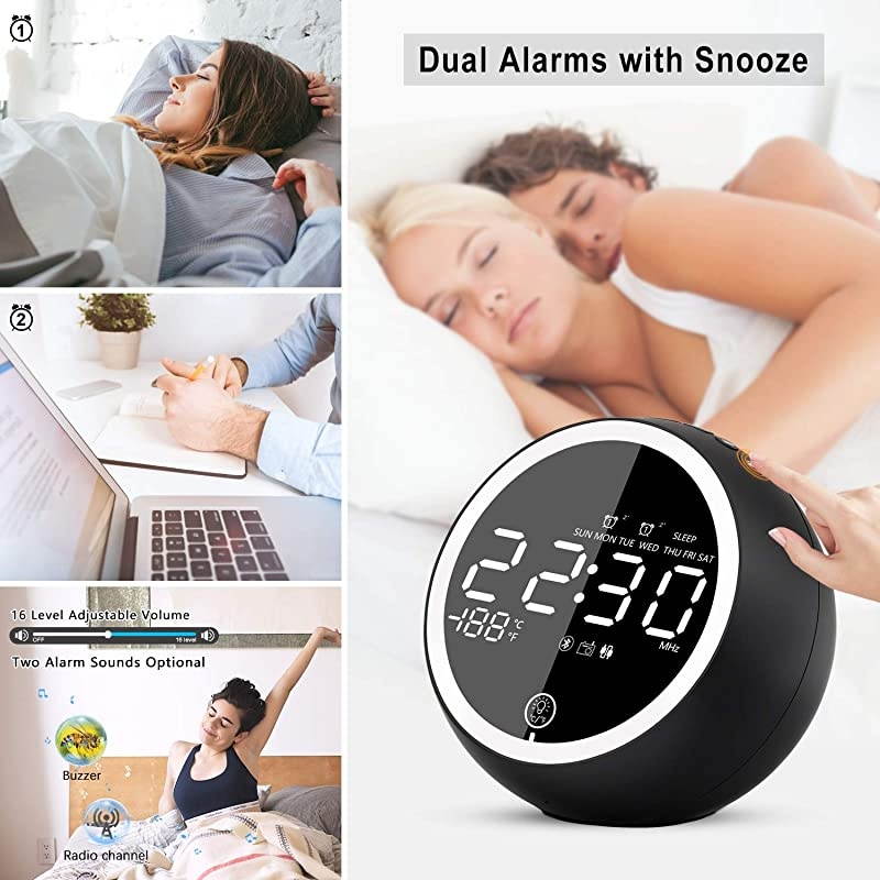 Alarm Clock Radio,Bluetooth V5.0,Hi-Fi Speaker,Dual Alarms with Snooze,Digital Display with dimmer,Dual USB Output Ports,FM Radio with Sleep Timer,Night Light,Clock for bededrooms