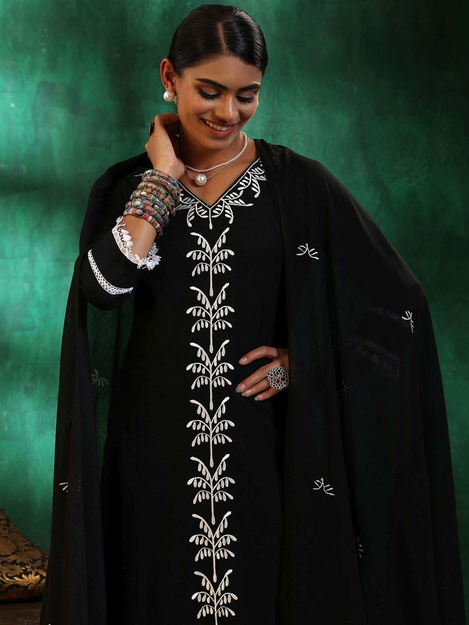 Libas Black Cotton Embroidered Kurta Pant Set With Dupatta