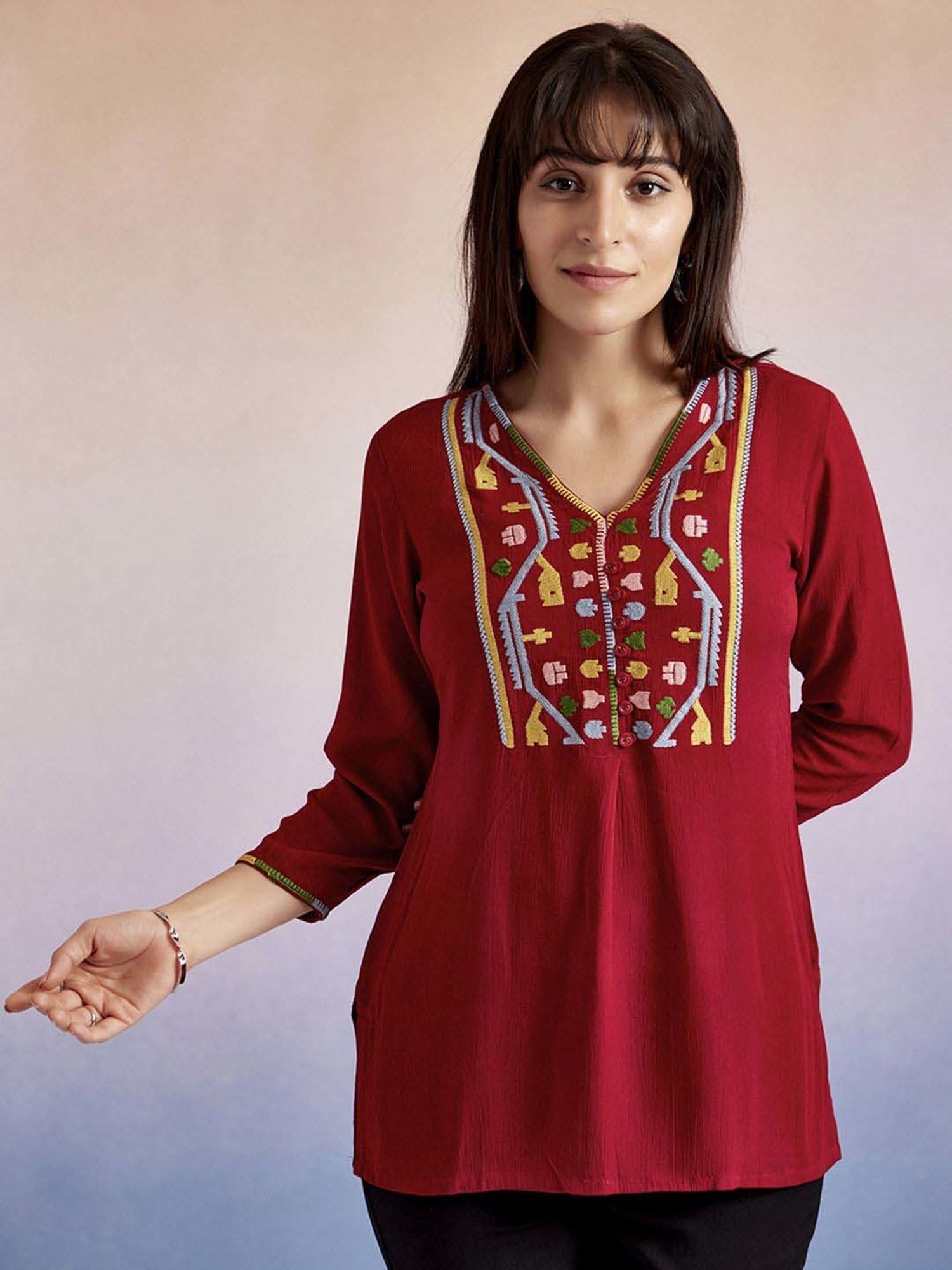 Jaipur Kurti Red Embroidered Top