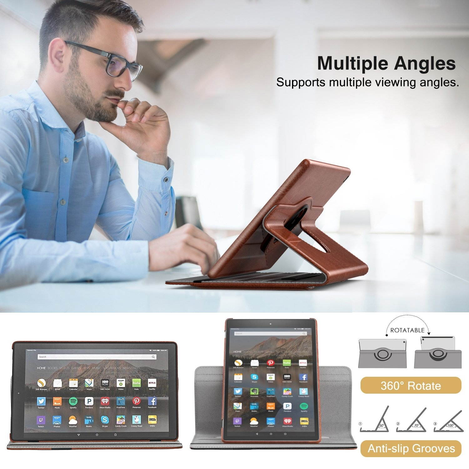 MoKo Case for All-New Amazon Fire HD 10 Tablet (7th Generation/9th Generation, 2017/2019 Release) - 360 Degree Rotating Swivel Stand Cover with Auto Wake/Sleep for Fire, Brown